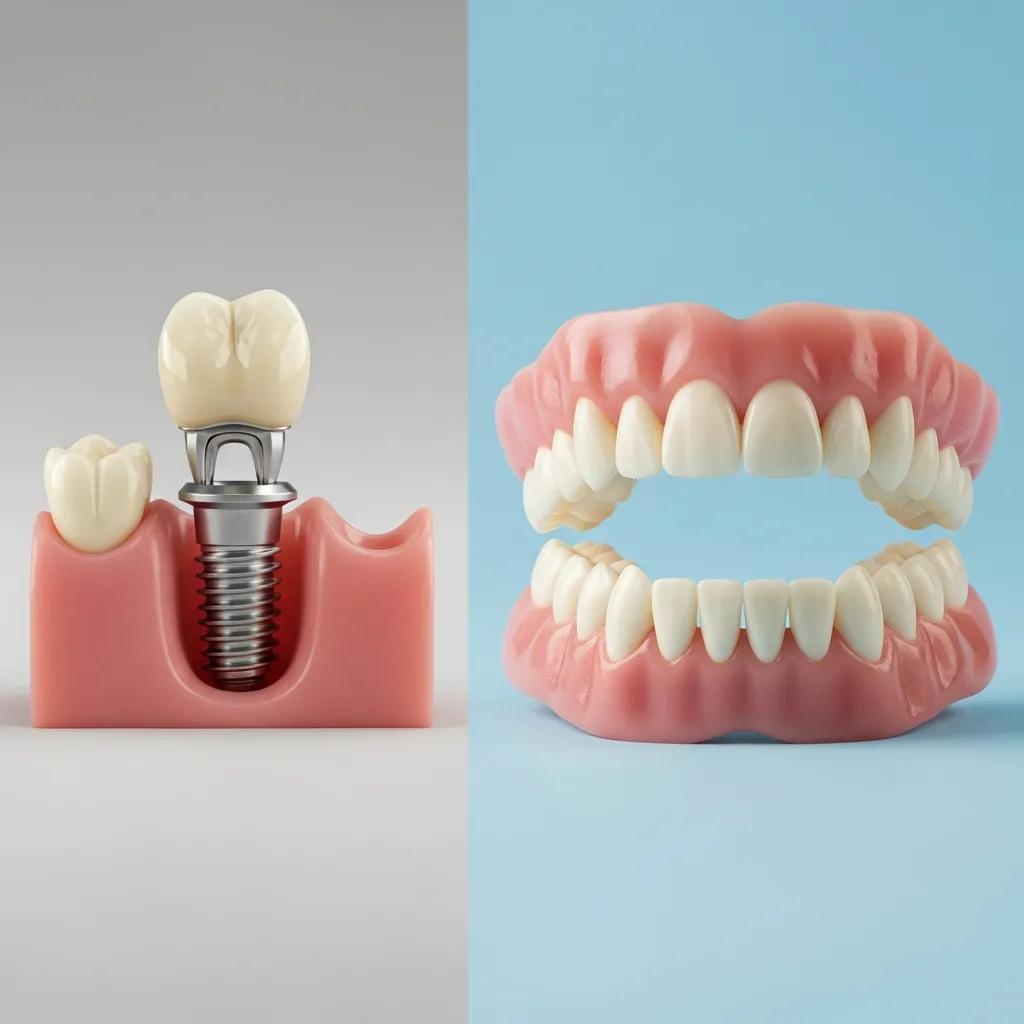 Comparison of dental implants and dentures side by side