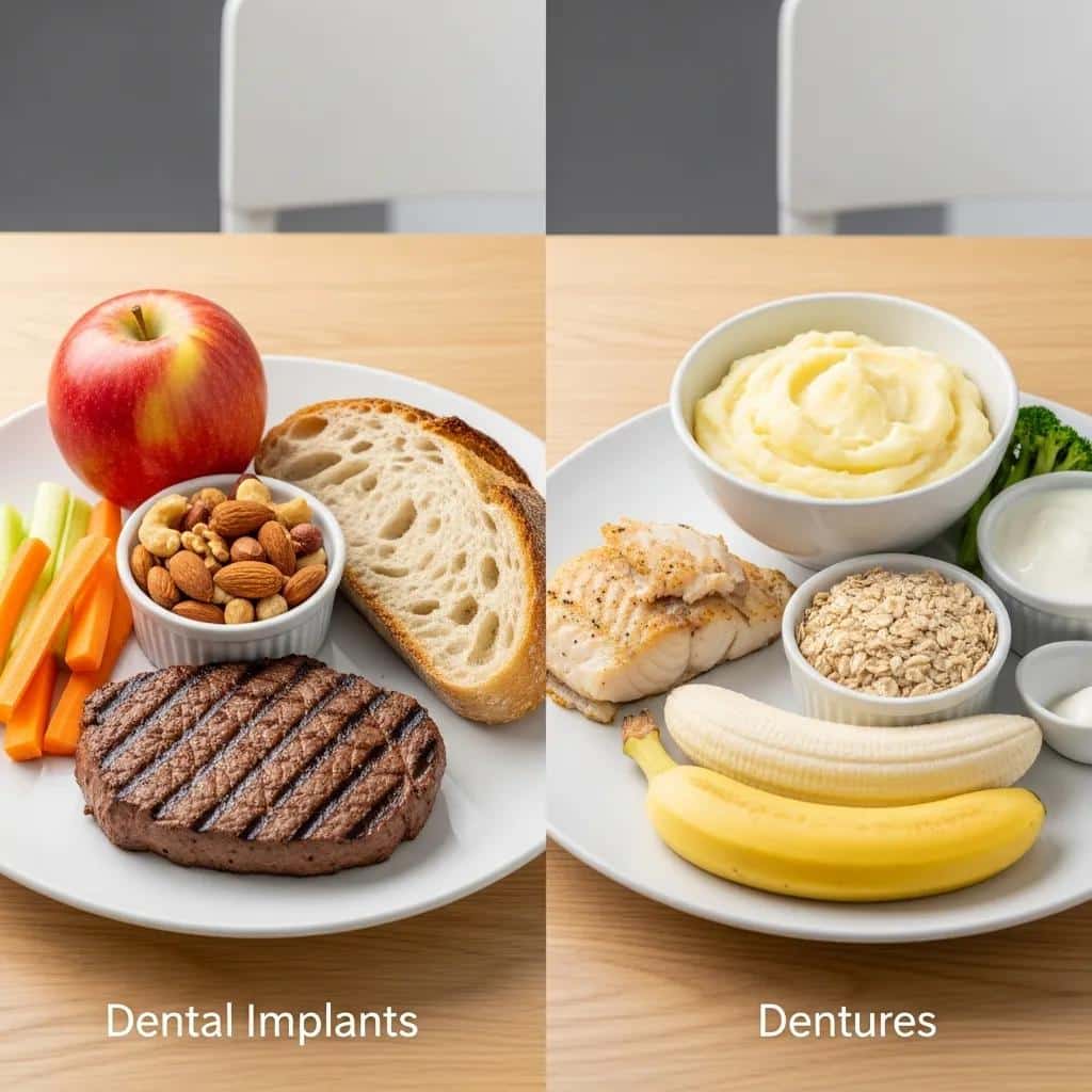 Comparison of food choices for dental implants and dentures, showcasing hard foods and soft foods