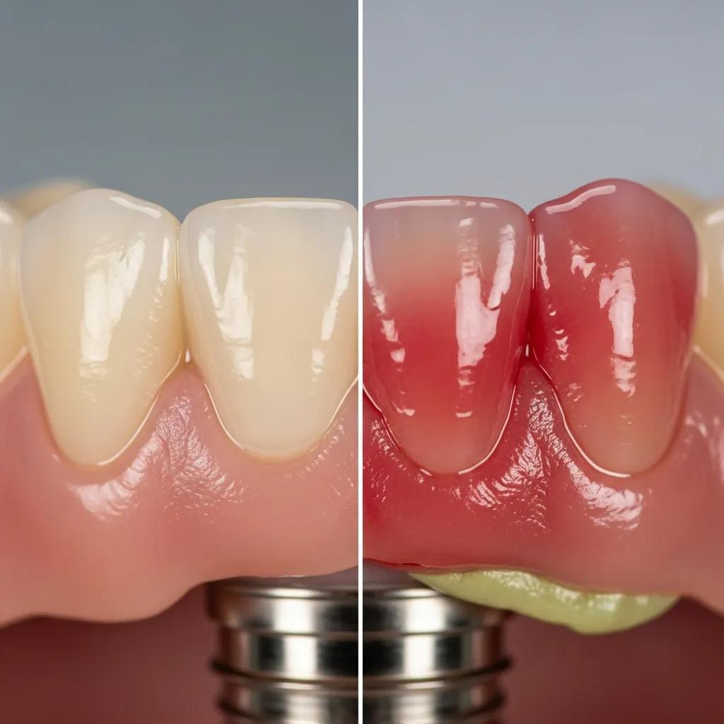 Comparison of healthy and inflamed gum tissue around a dental implant