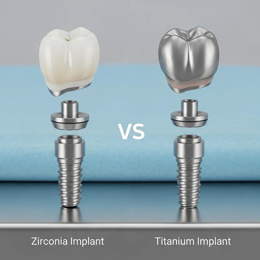 Comparison of zirconia and titanium dental implants showcasing color and translucency differences