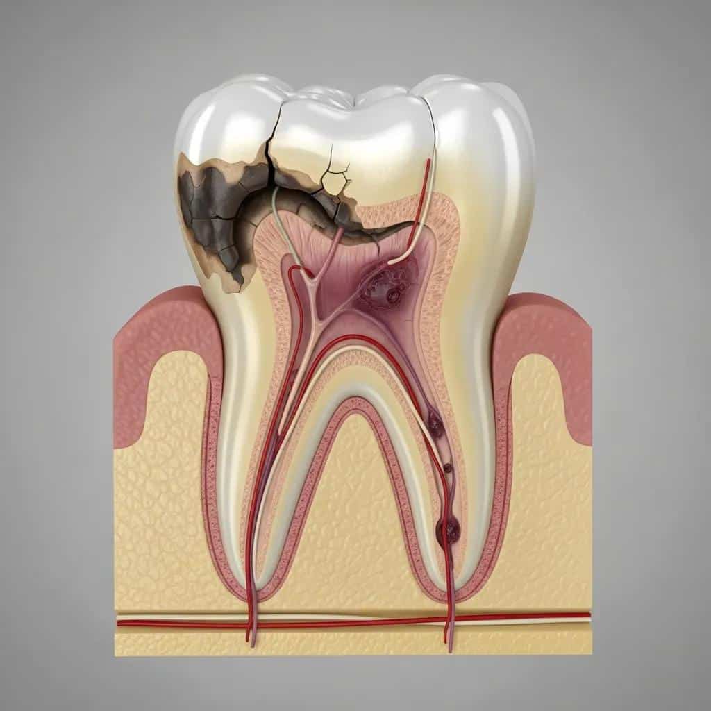 Cross-section of a tooth showing deep decay leading to root canal infection