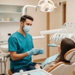 Dental clinic scene with a dentist examining a patient, highlighting root canal treatment