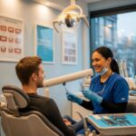 Dental clinic scene with a dentist preparing for a tooth extraction, emphasizing patient comfort and care