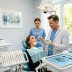 Dental clinic scene with patient and dentist preparing for tooth extraction