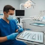 Dental clinic setup for wisdom tooth extraction with dentist and tools