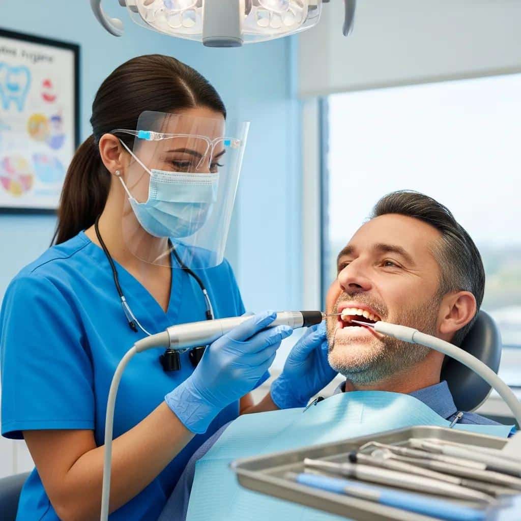 Hygienist cleaning a patient's implant during a routine visit