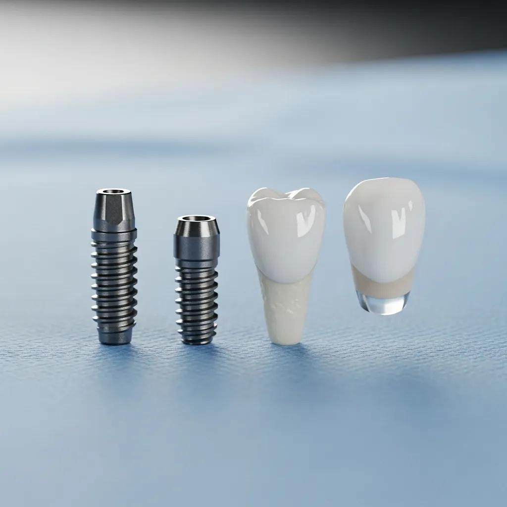 Dental implant components including post, abutment, and crown displayed on a clean surface, highlighting their materials