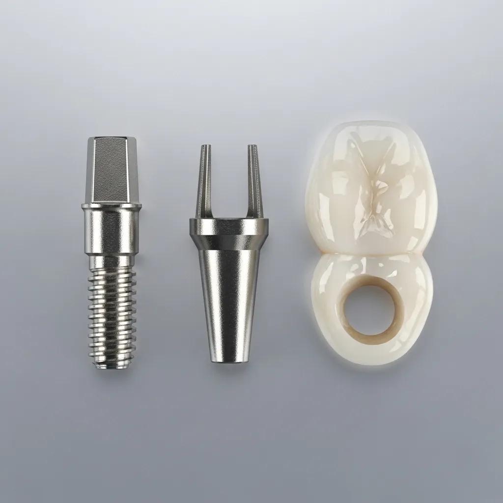 Dental implant components including titanium post, abutment, and crown on a clean surface, highlighting their differences