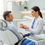 Dental implant consultation in a bright clinic, highlighting patient care and recovery