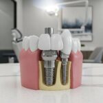 Dental implant model on a dental office countertop, highlighting its structure and design