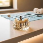 Dental implant model on a dental office countertop, highlighting the structure and details of dental implants