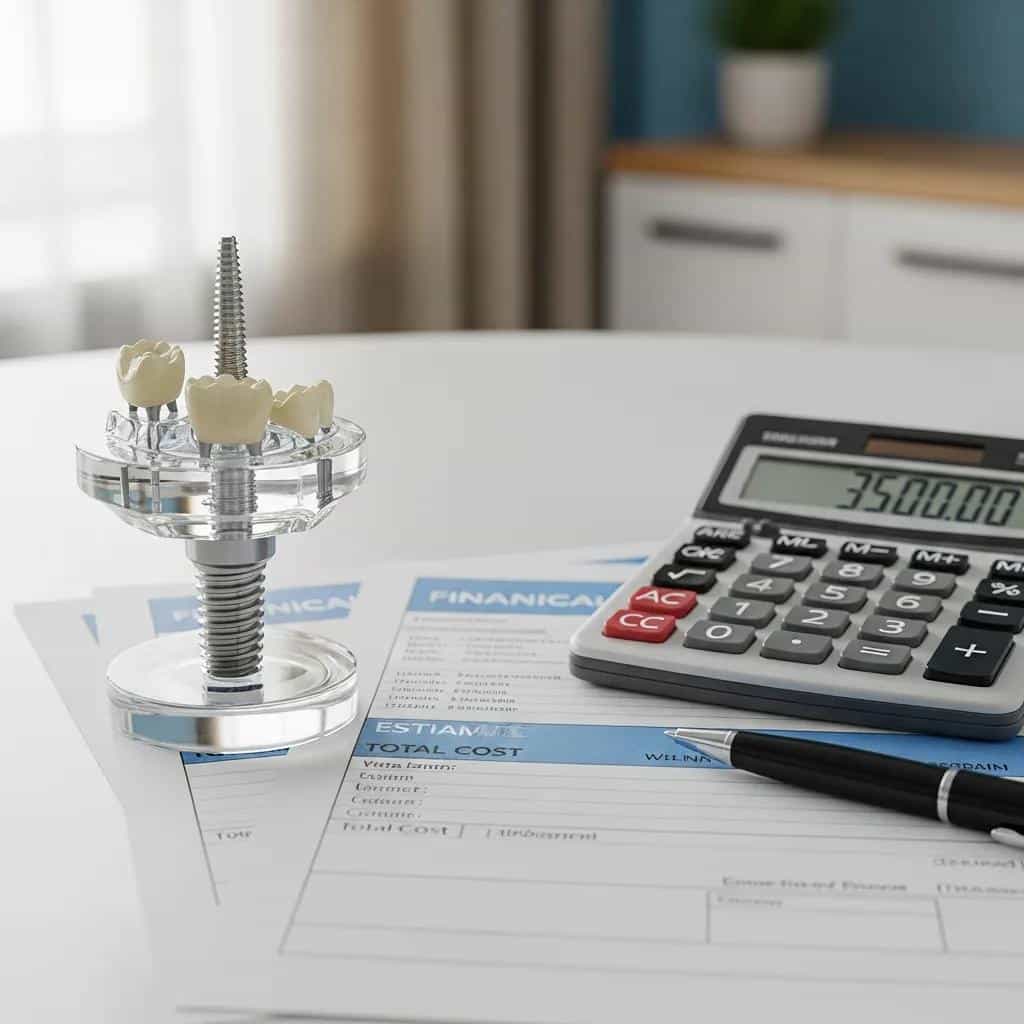 Dental implant model with financial documents representing cost analysis
