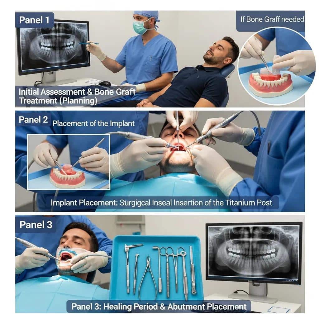 Step-by-step implant placement showing surgical positioning of the titanium post