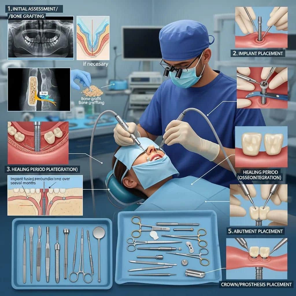 Dental team performing an implant procedure and explaining stages to the patient