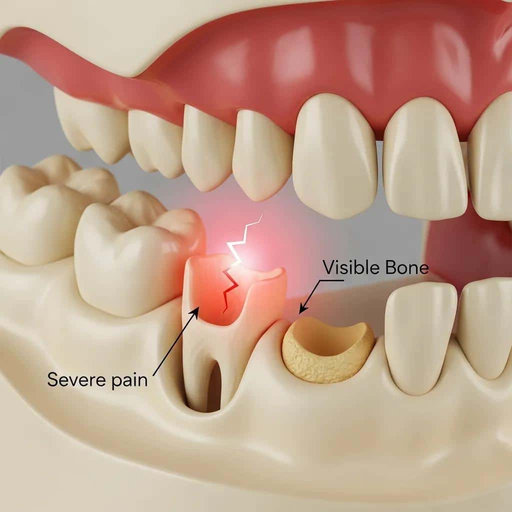 Dental model illustrating symptoms of dry socket after tooth extraction, highlighting severe pain and visible bone