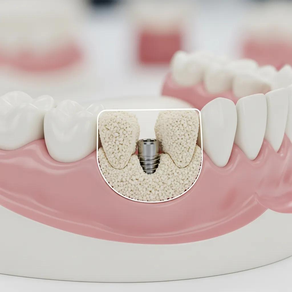 Dental model illustrating a bone graft procedure to prepare for implants