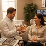 Dental office scene with dentist and patient discussing root canal treatment