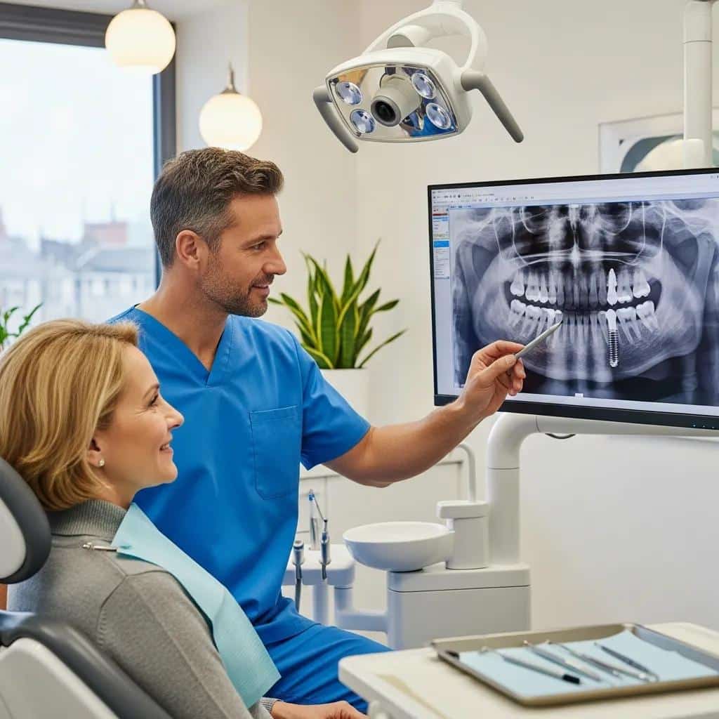 Dental professional analyzing X-ray images for dental implant complications