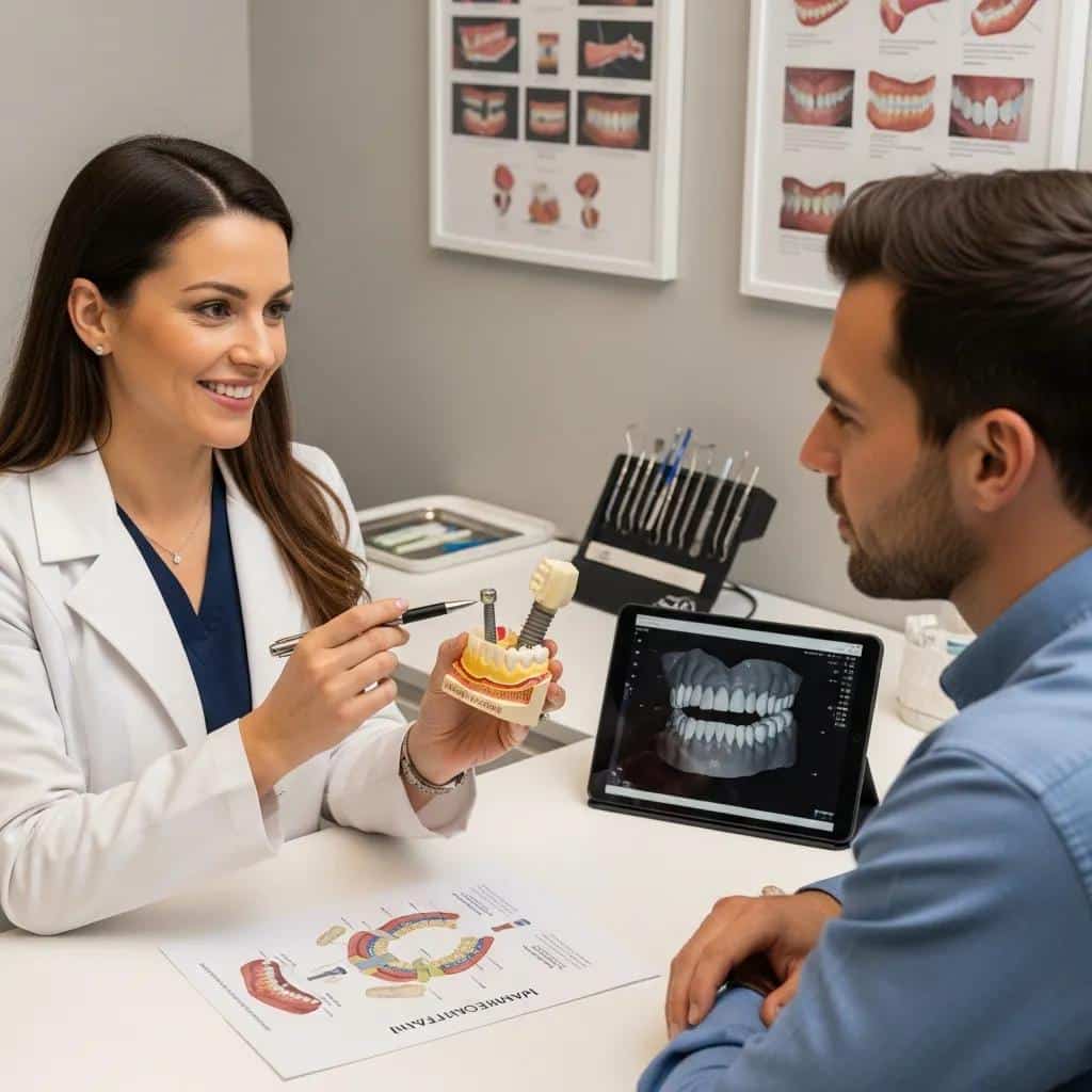 Dental professional discussing treatment options for failed dental implants with a patient