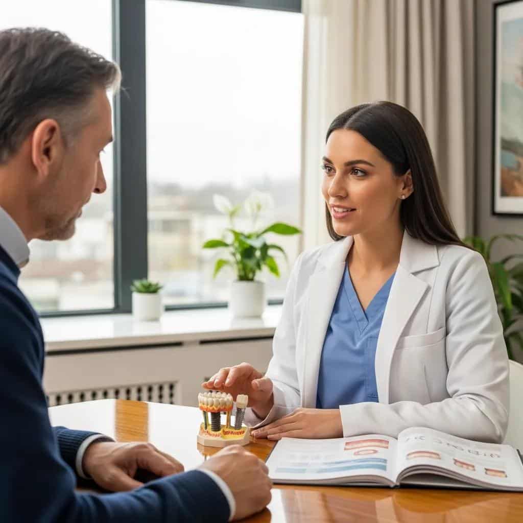 Dental professional discussing treatment options for failed dental implants with a patient
