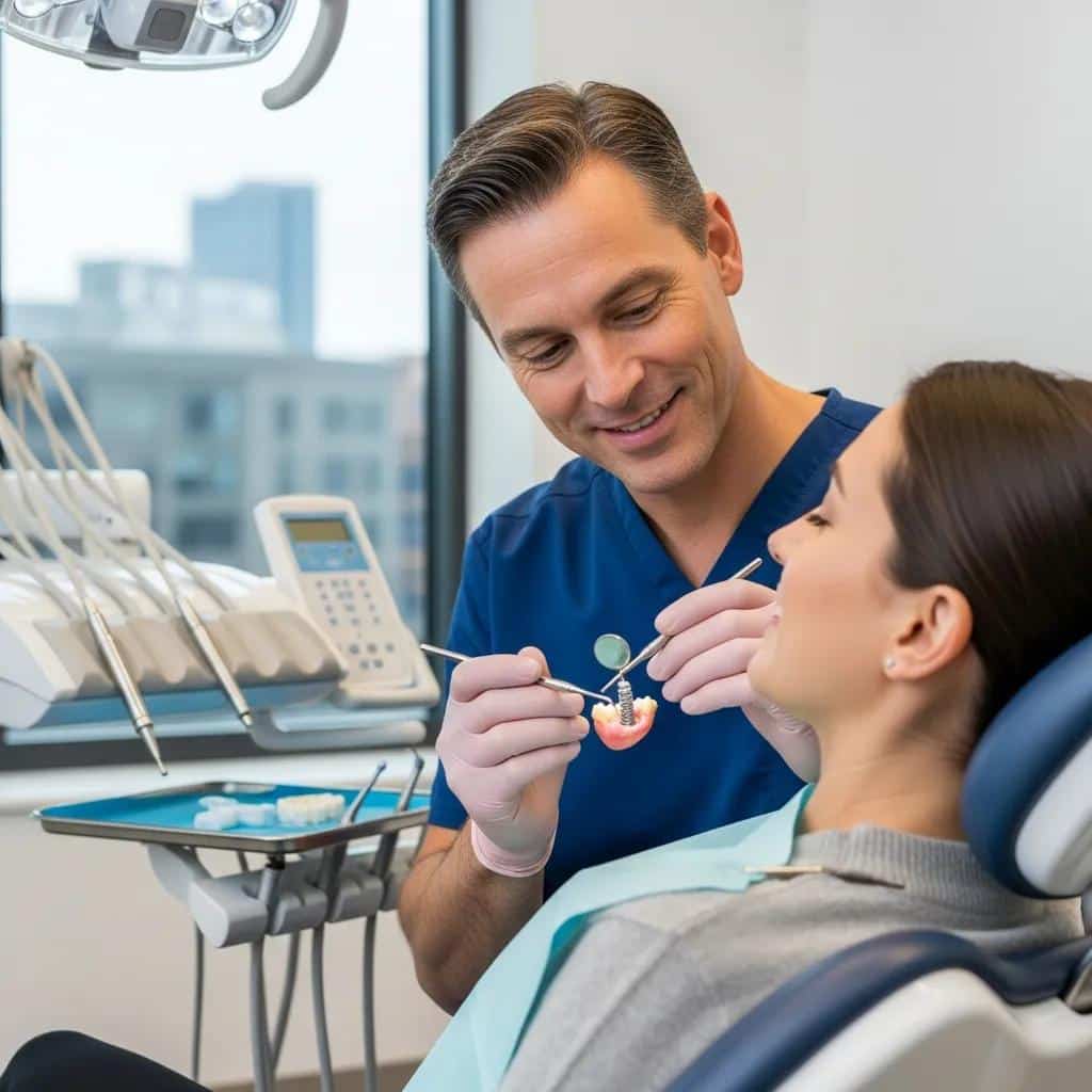 Dental professional examining a dental implant during a checkup in a modern dental office