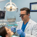 Dental professional examining a dental implant in a clinical setting