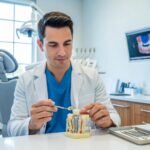 Dental professional examining a dental implant model in a modern dental office