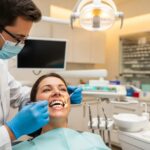 Dental professional examining a patient with dental implants and crowns in a modern clinic
