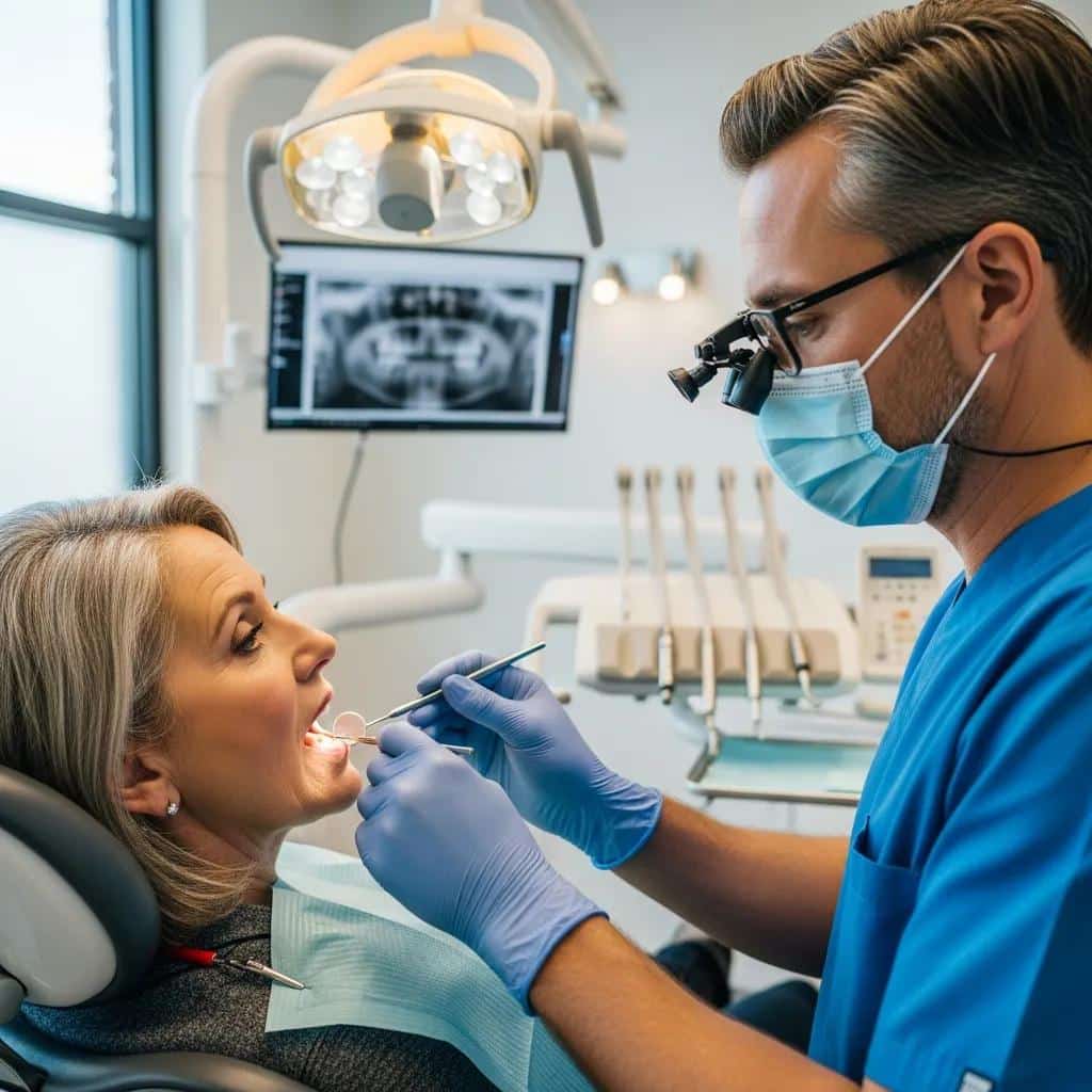 Dental professional examining a patient's dental implants during a check-up in a well-lit dental office
