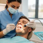 Dental professional examining a tooth for root canal infection in a modern clinic