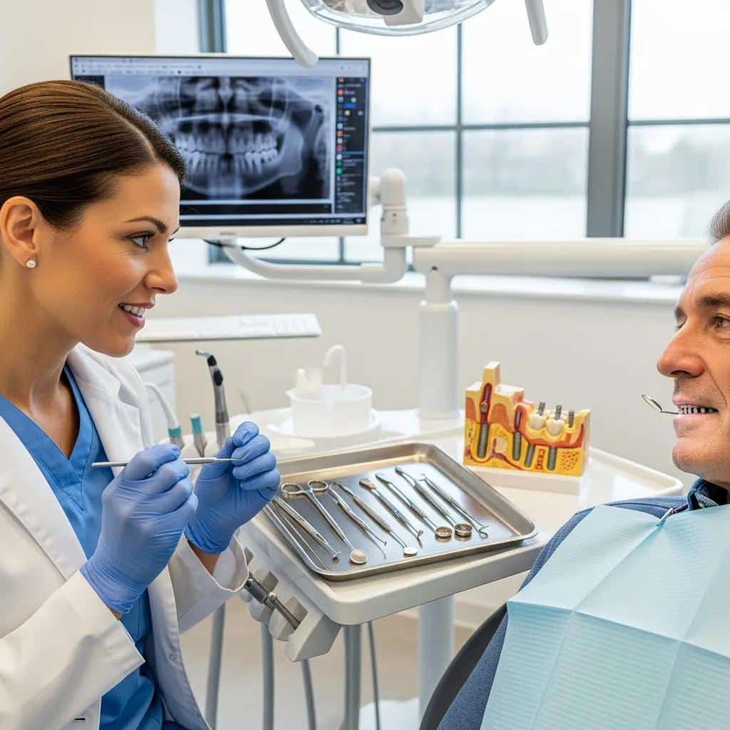 Dental professional examining dental implants with a patient, highlighting the importance of factors affecting longevity