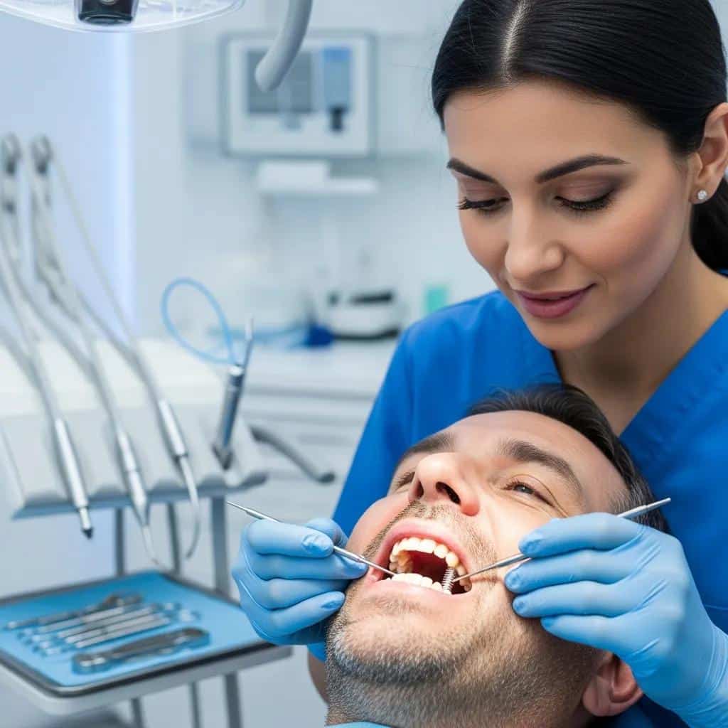 Dental professional examining patient's gums for signs of peri-implantitis