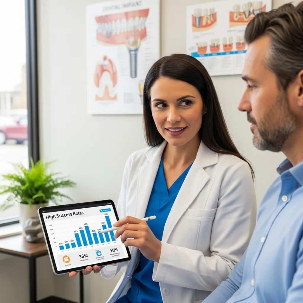 Dental professional explaining implant success rates to a patient using a tablet