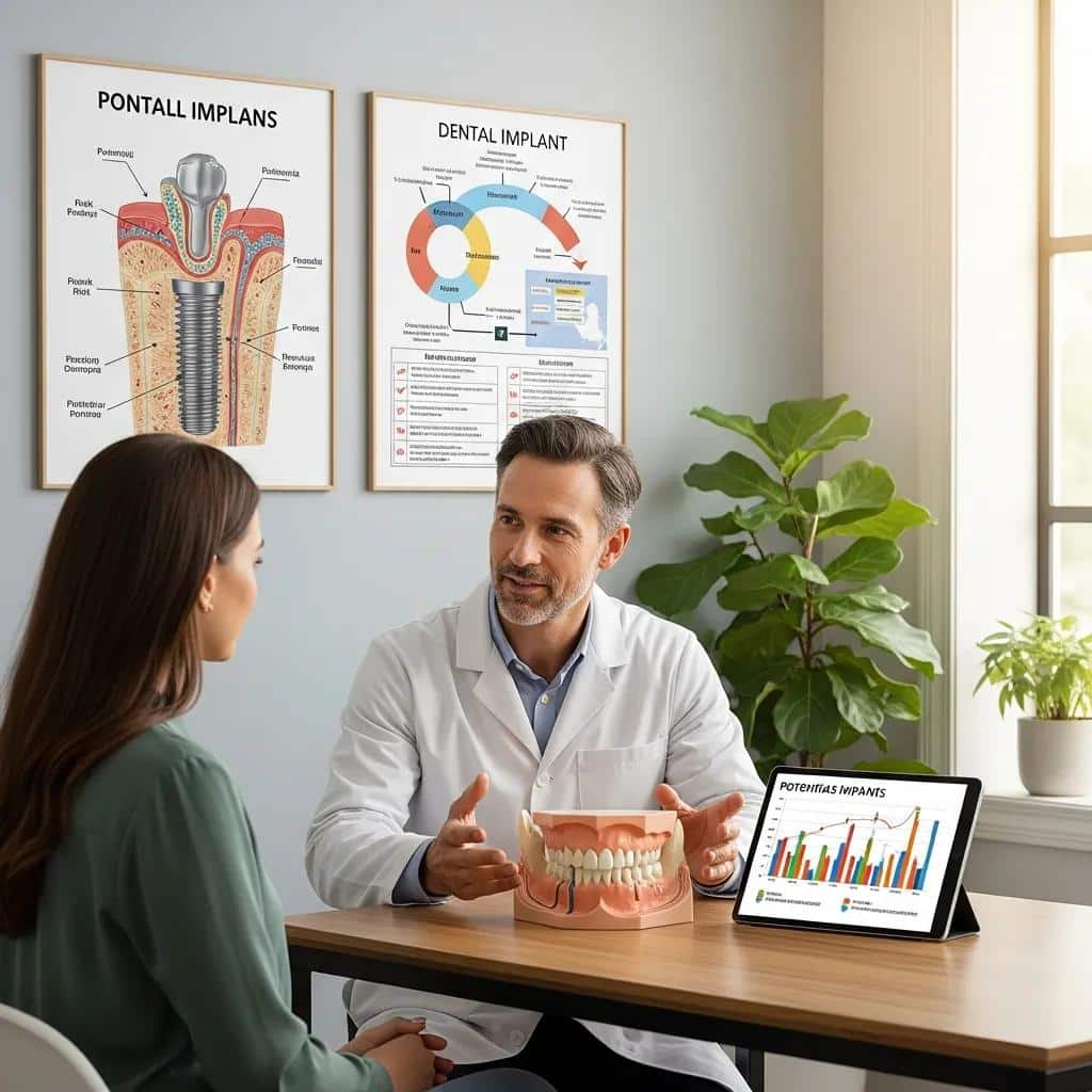 Dentist discussing implant risks with a patient during a consultation in a bright office