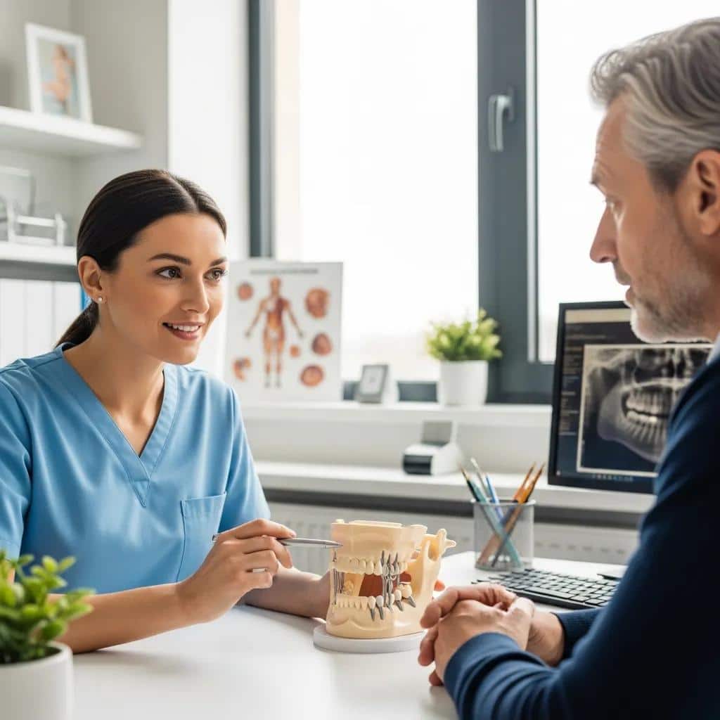 Dental professional explaining zygomatic implants to a patient with a jaw model
