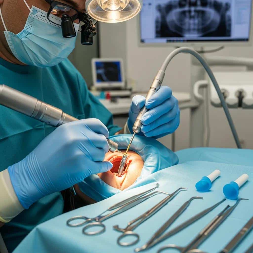 Dental professional performing an implant procedure in a modern dental surgery room