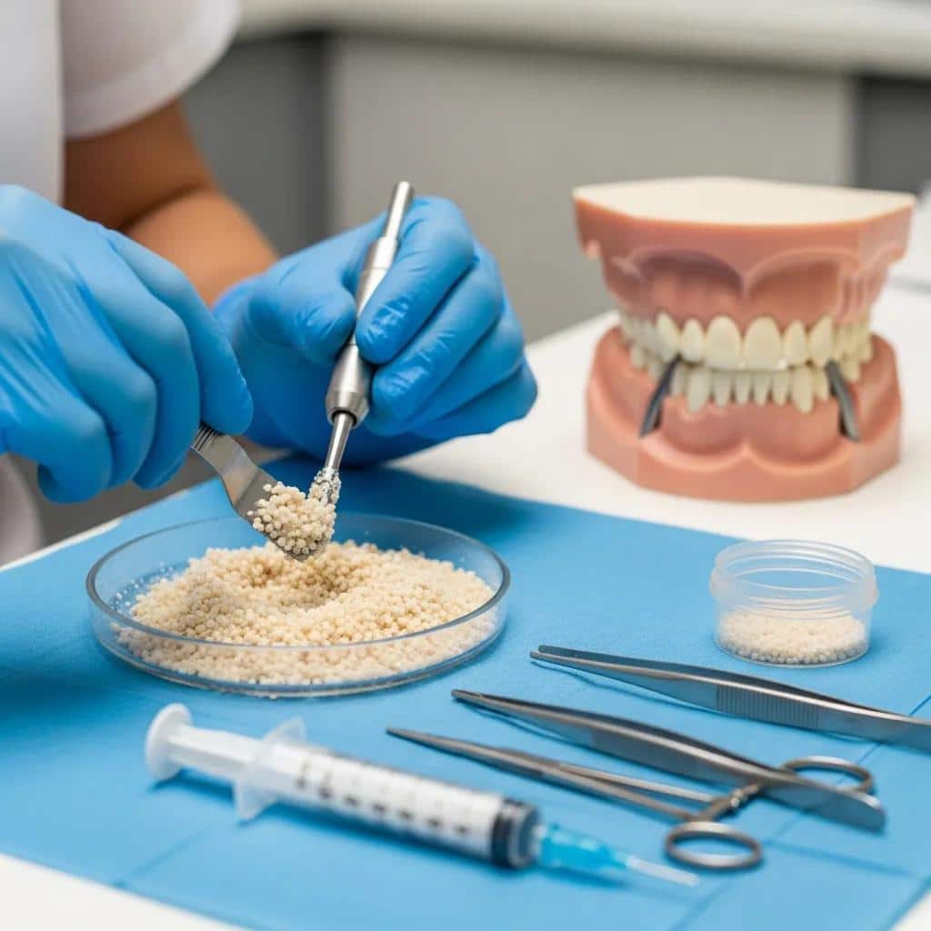 Dental professional preparing for bone grafting procedure for implants