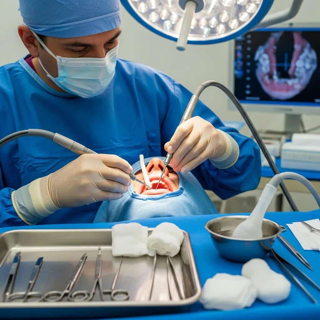 Oral surgeon performing a bone graft to prepare the site for a future dental implant