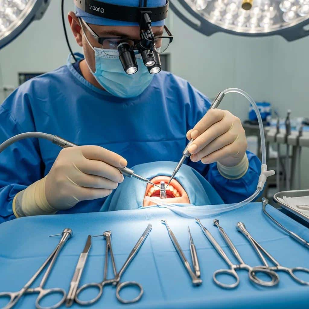Oral surgeon using precise tools during an implant placement procedure