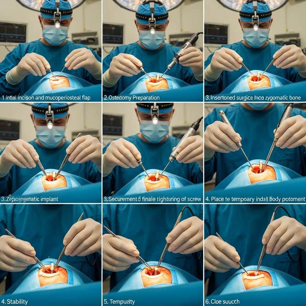 Dental surgeon performing zygomatic implant placement in a surgical setting