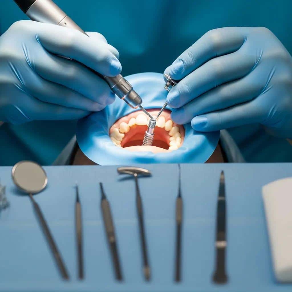 Dental surgeon placing an implant during surgery with precision tools
