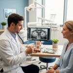 Dentist consulting with a patient about dental implant solutions in a modern dental office