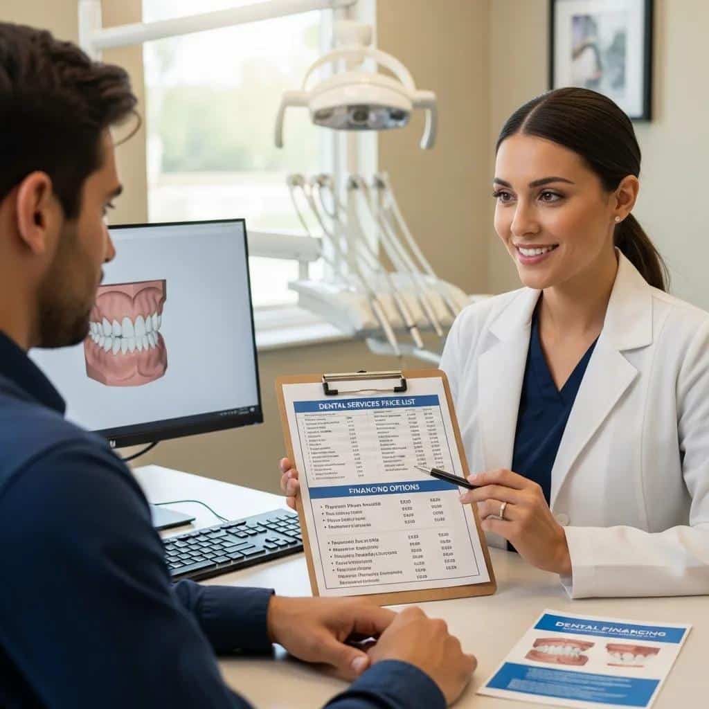 Dentist explaining implant costs and flexible payment options to a patient during a consultation