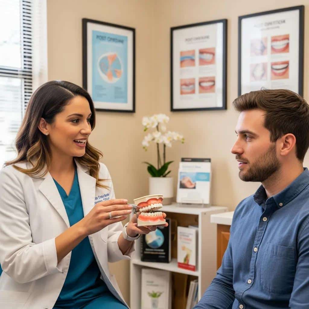Dentist reviewing post-operative care steps with a patient in a consultation room