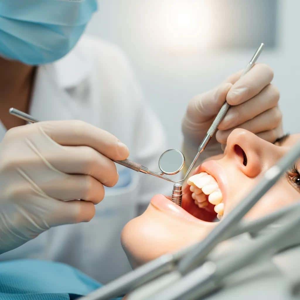 Dentist examining a dental implant in a patient's mouth, highlighting the importance of professional care for implant longevity