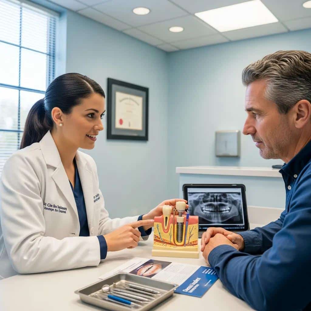 Dentist reviewing treatment options with a patient in a pleasant dental office