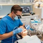 Dentist performing a molar root canal treatment in a modern dental clinic