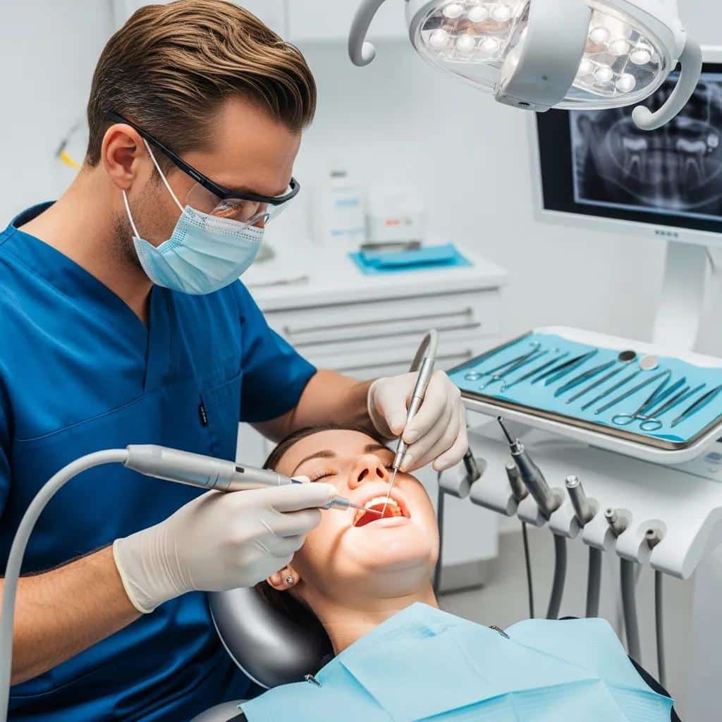 Dentist performing a root canal procedure on a patient in a dental clinic