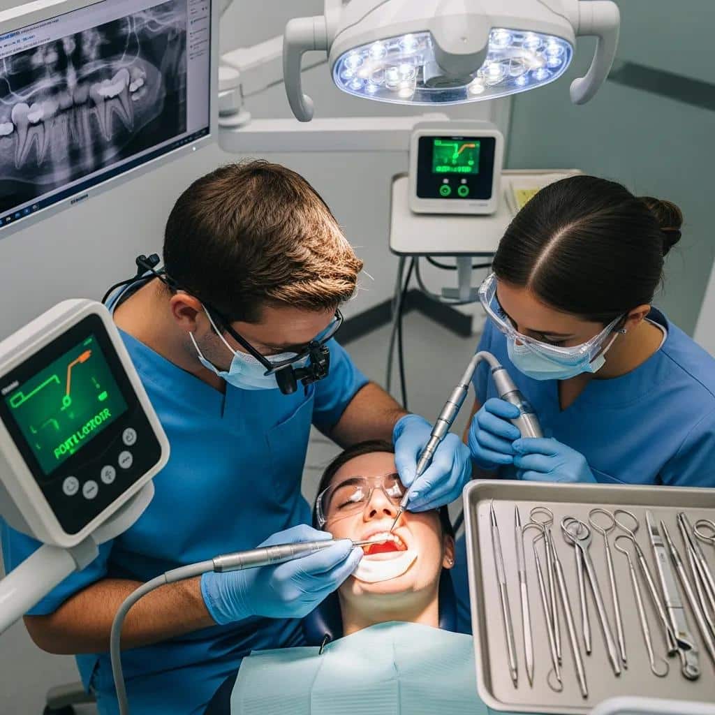 Dentist performing root canal therapy, highlighting emergency dental treatment options
