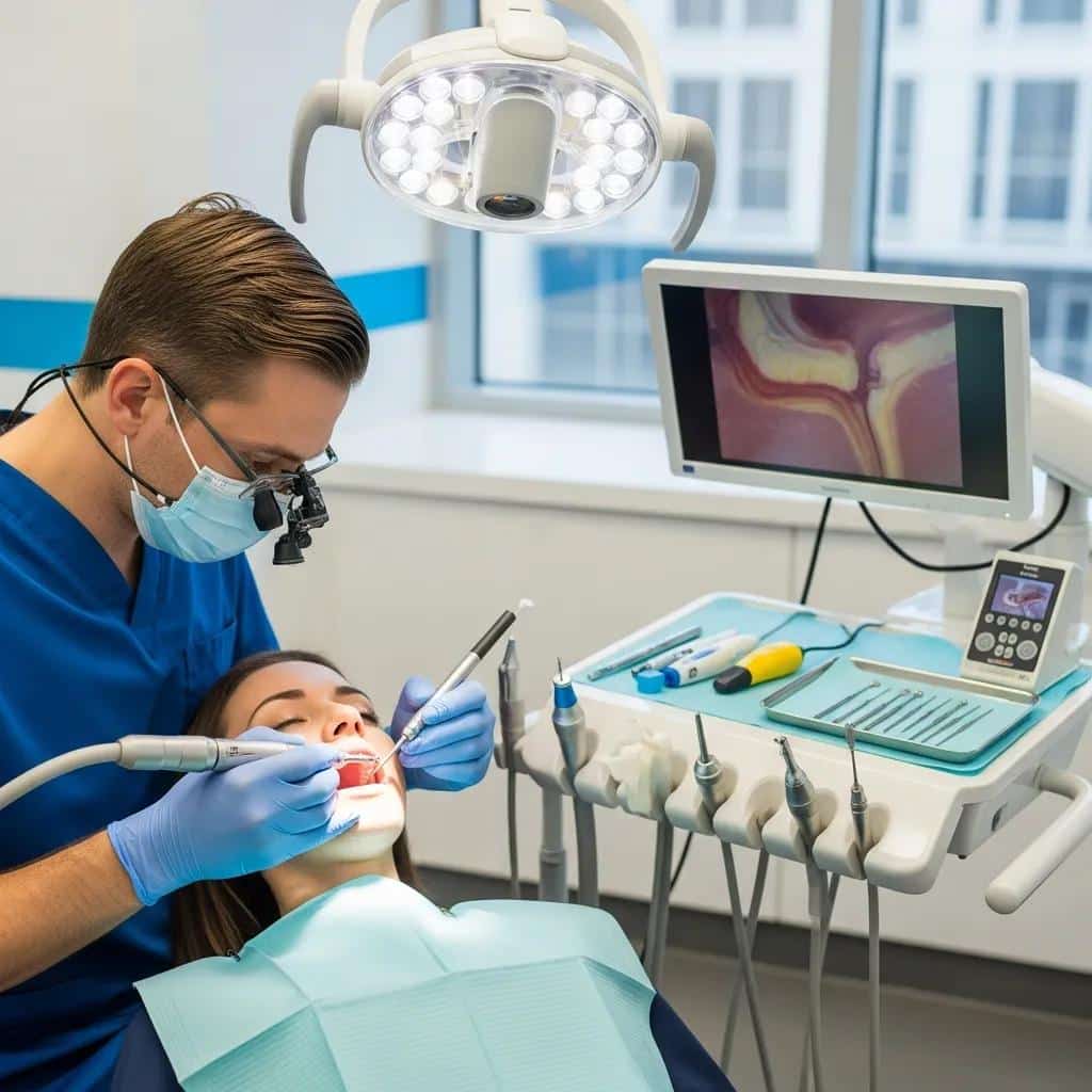 Dentist performing root canal treatment in a modern dental office